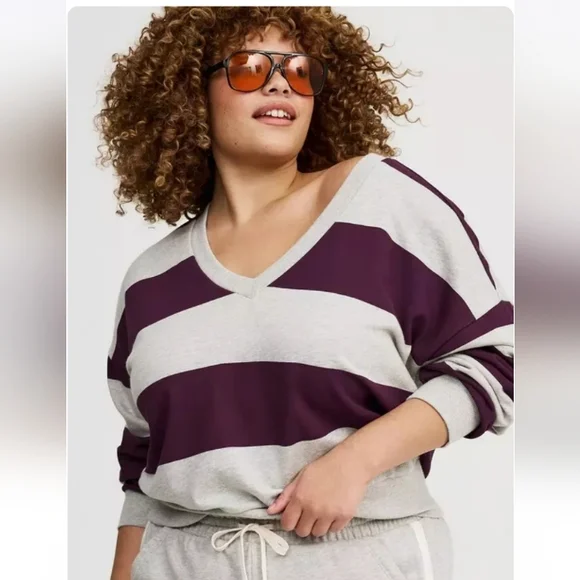 Drop Shoulder V-Neck PulloverStriped V-Neck Sweater - Purple and Gray - Picture 2 of 11